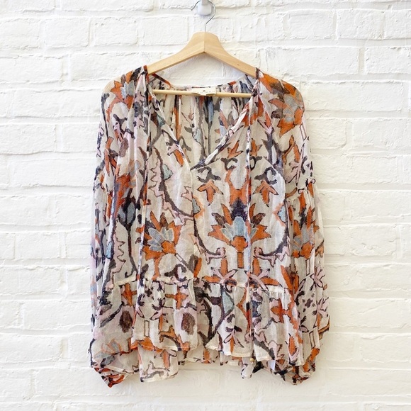 Hannah Artwear || Mirabella Tie Neck Puff Sleeve Top Floral Sheer Ivory 1 US 4 - Picture 2 of 10